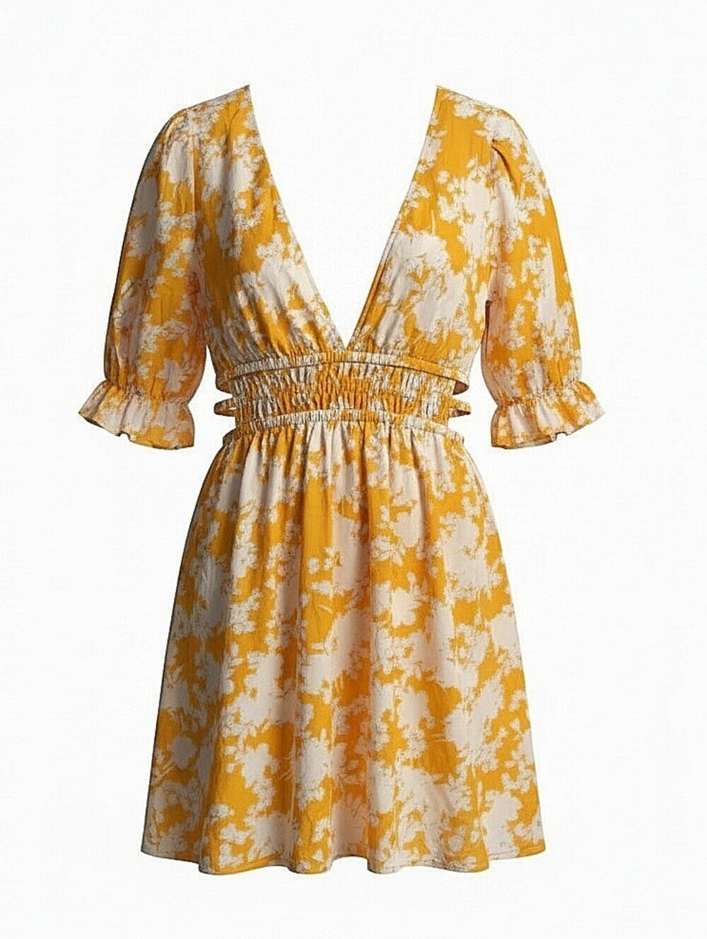 NWT! Induldge Yellow Floral V-Neck Smocked Waist Dress